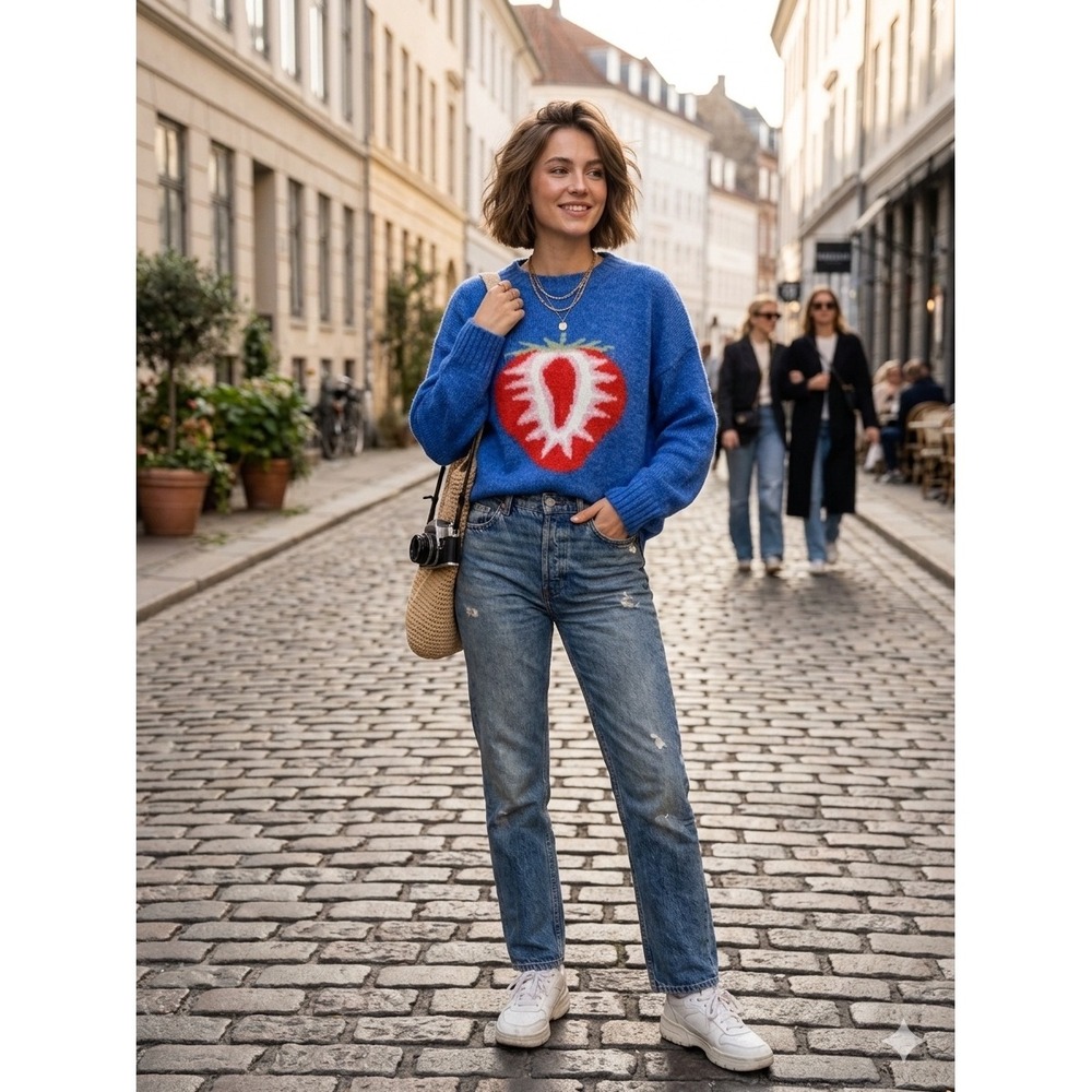 Bailey Rose Blue Strawberry Intarsia Knit Oversized Sweater Small